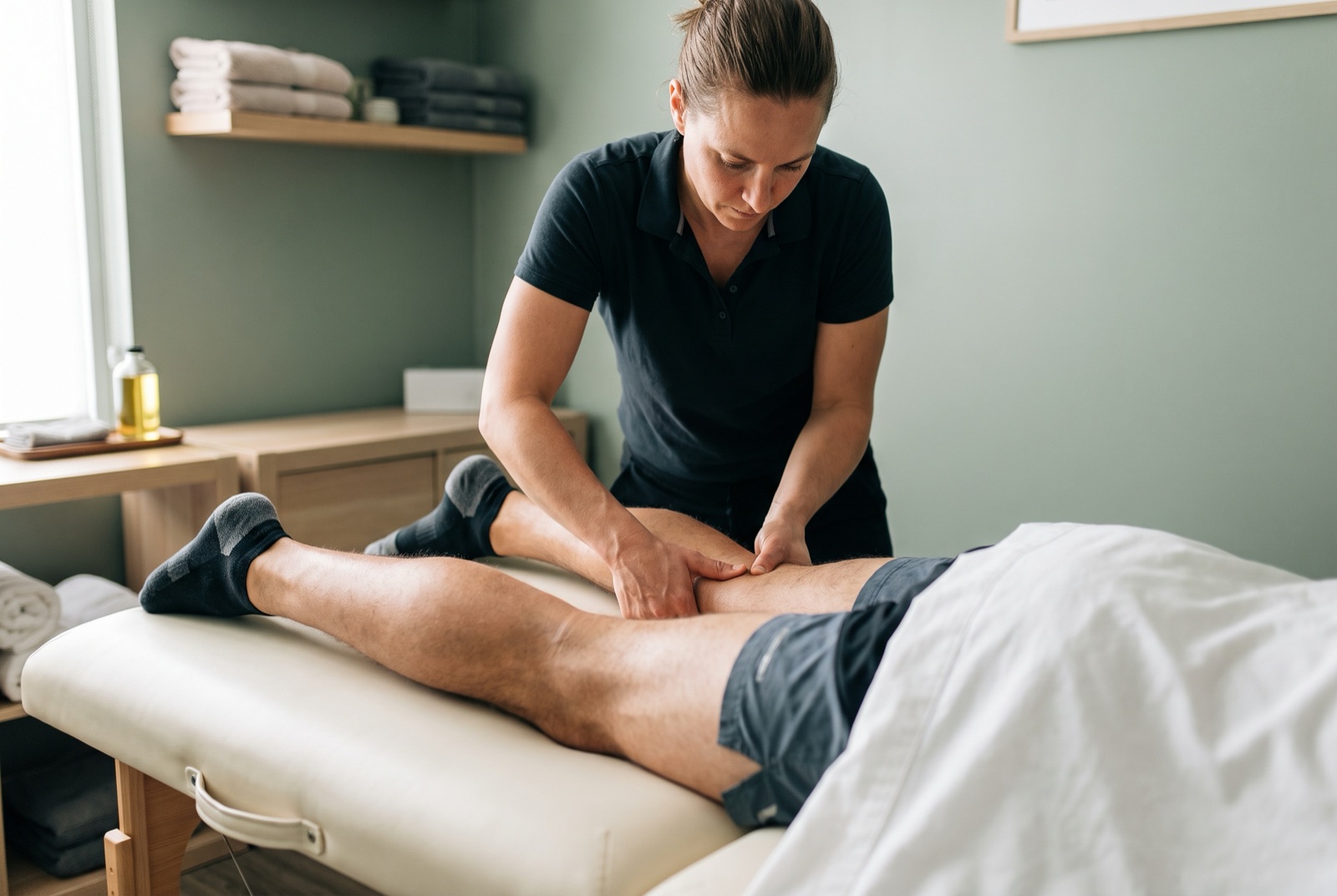 Licensed massage therapist performing a sports massage on an athlete's leg at Alternative Therapy Center in St. Petersburg, FL